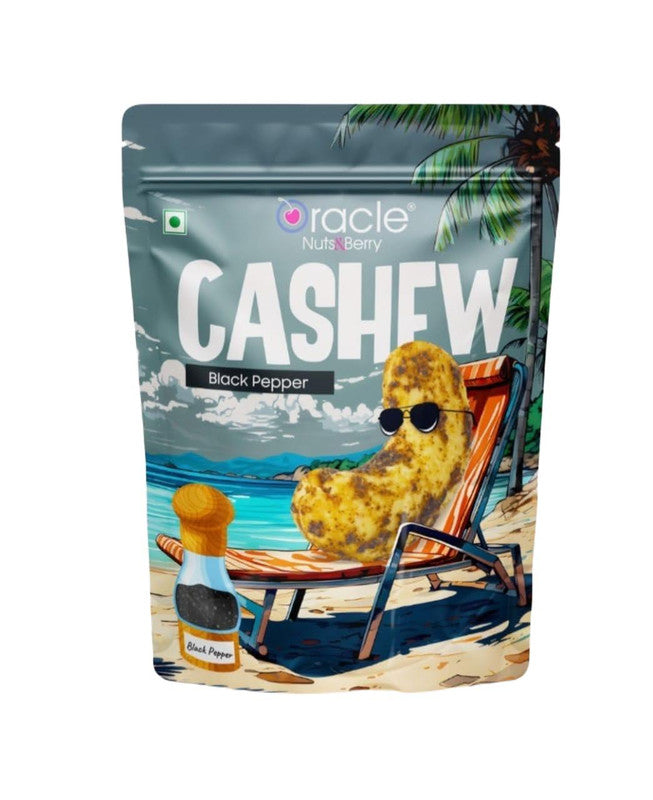 Artfully arranged Oracle Black Pepper Cashews next to their vibrant product packaging.