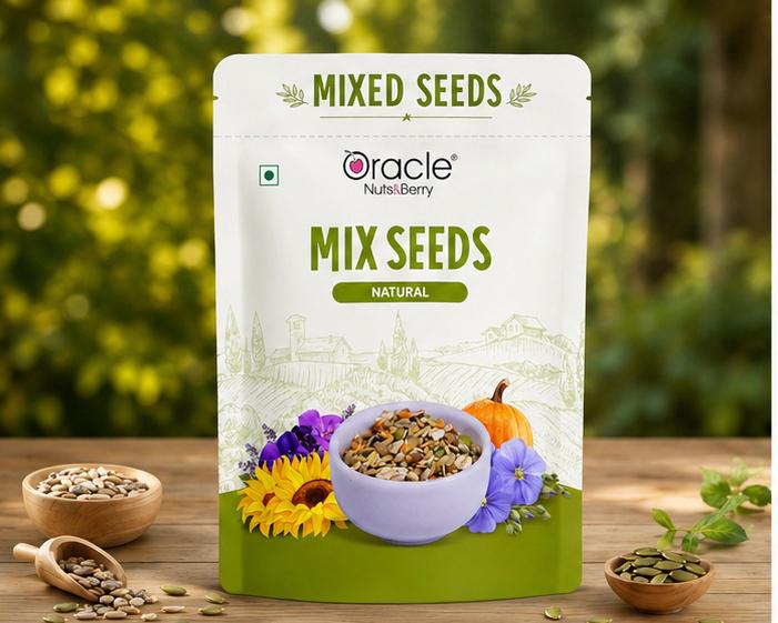 Oracle mix seeds sprinkled on yogurt with berries for breakfast.