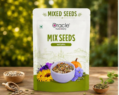 Oracle mix seeds sprinkled on yogurt with berries for breakfast.
