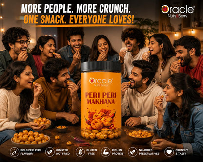 Oracle Peri Peri Makhana being enjoyed, highlighting its spicy and healthy appeal.