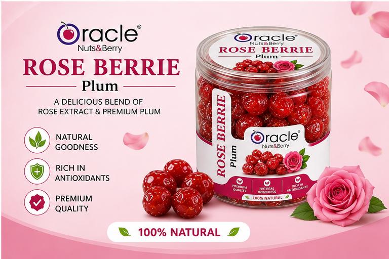 Dried rose berry plums on a white plate, highlighting their vibrant color and floral flavor