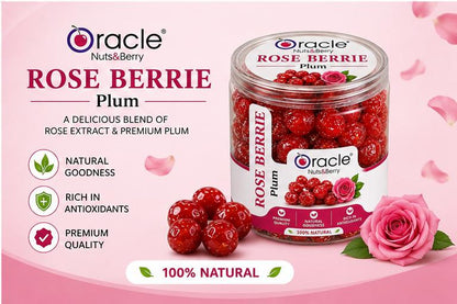 Dried rose berry plums on a white plate, highlighting their vibrant color and floral flavor