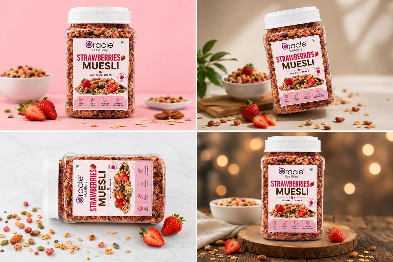Muesli cereal with dried strawberries and oats in a transparent pack