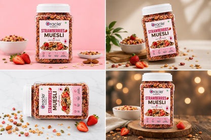 Muesli cereal with dried strawberries and oats in a transparent pack