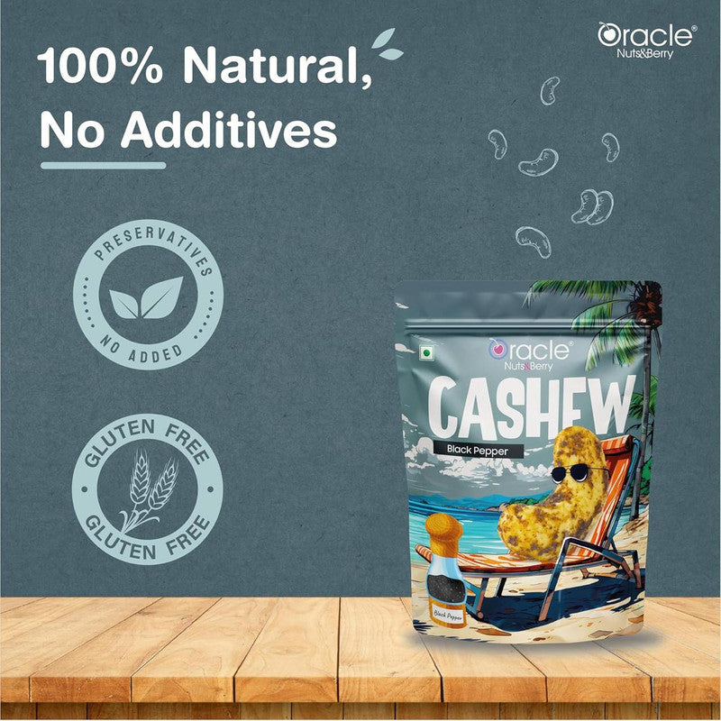 Oracle Black Pepper Cashews packaging displayed with a handful of the healthy kaju snack.