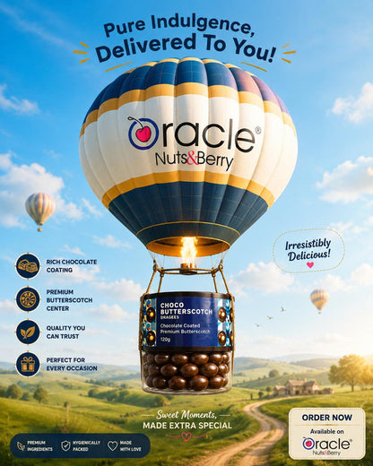 Gourmet chocolate coated candy dragees served in a bowl with the Oracle packaging in the background.
