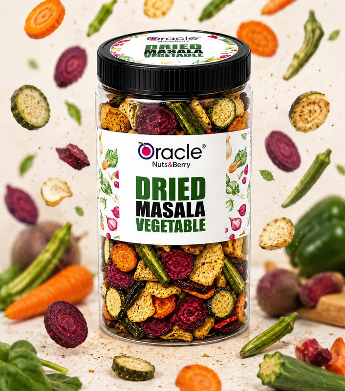 Close-up of crunchy, dried vegetable mix with spices in Oracle Masala Vegetables