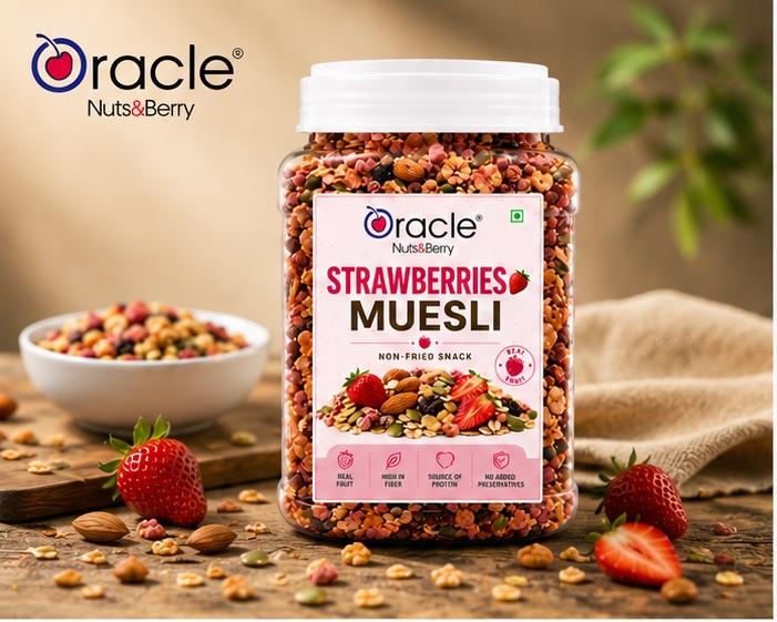 Close-up of crunchy strawberry muesli flakes with dried strawberries