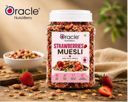 Close-up of crunchy strawberry muesli flakes with dried strawberries