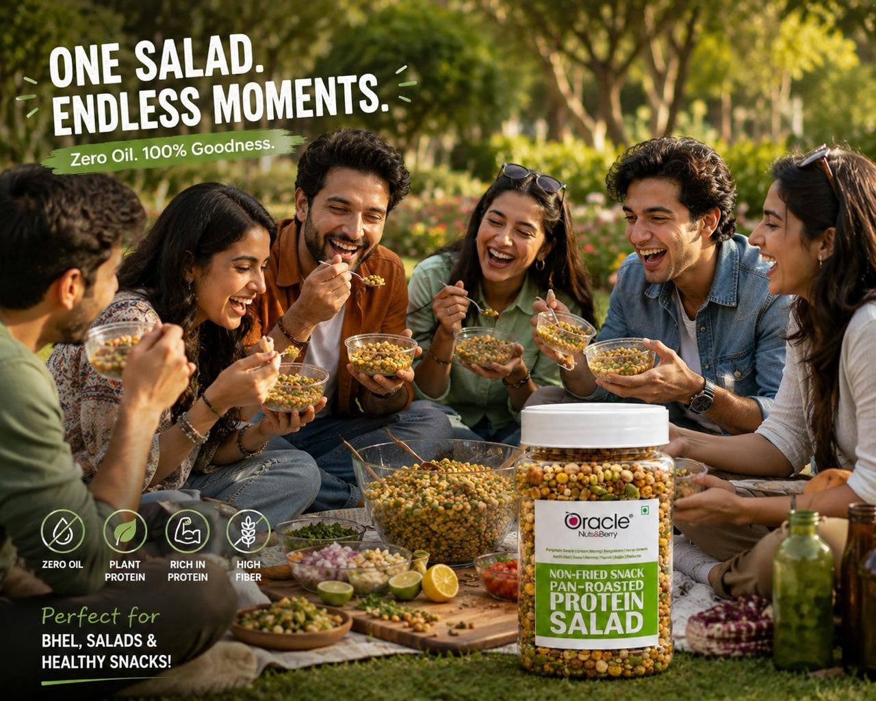 Oracle Protein Salad graphic emphasizing nutritious, crunchy snack