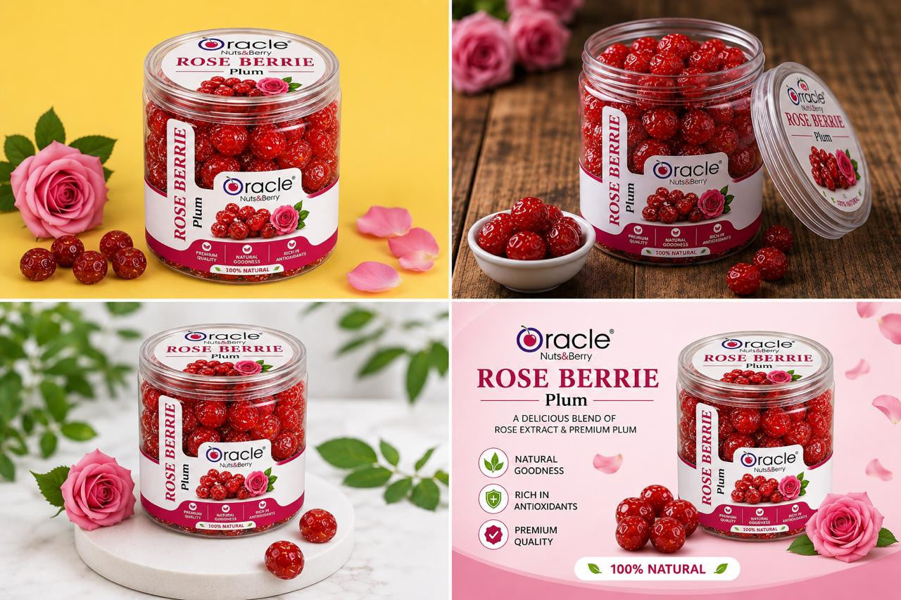 A handful of dried rose berry plums, emphasizing their chewy and fragrant qualities