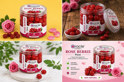 A handful of dried rose berry plums, emphasizing their chewy and fragrant qualities