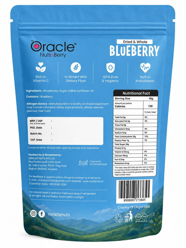 Oracle Dried Blueberries, Sweet Chewy Antioxidant-Rich Superfood Berry Snack 250g