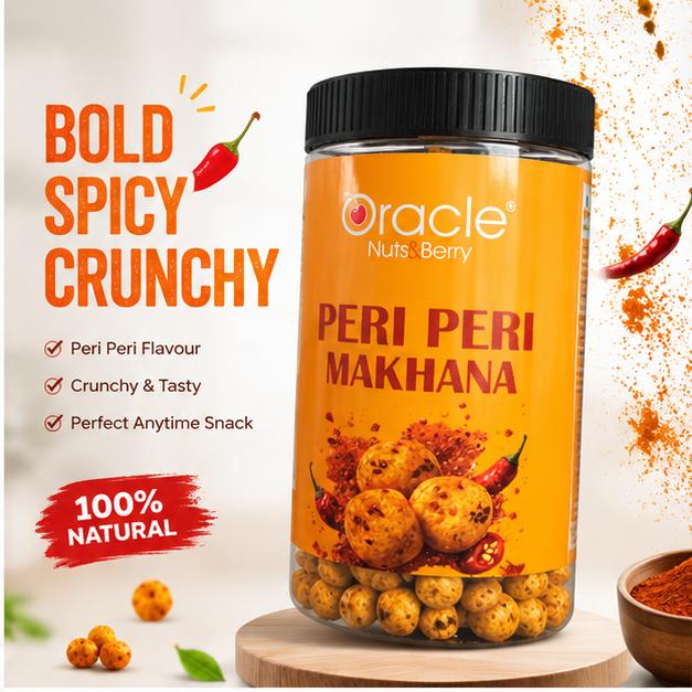 Open packet of Oracle Peri Peri Makhana showing spicy, crunchy fox nuts ready for snacking.