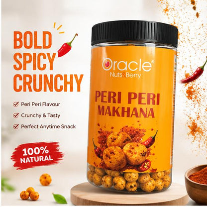 Open packet of Oracle Peri Peri Makhana showing spicy, crunchy fox nuts ready for snacking.
