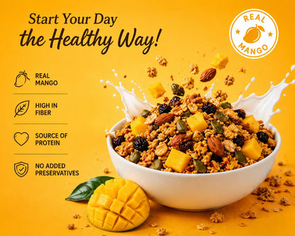 Healthy breakfast with Oracle Mango Muesli, dried mango, nuts, and milk
