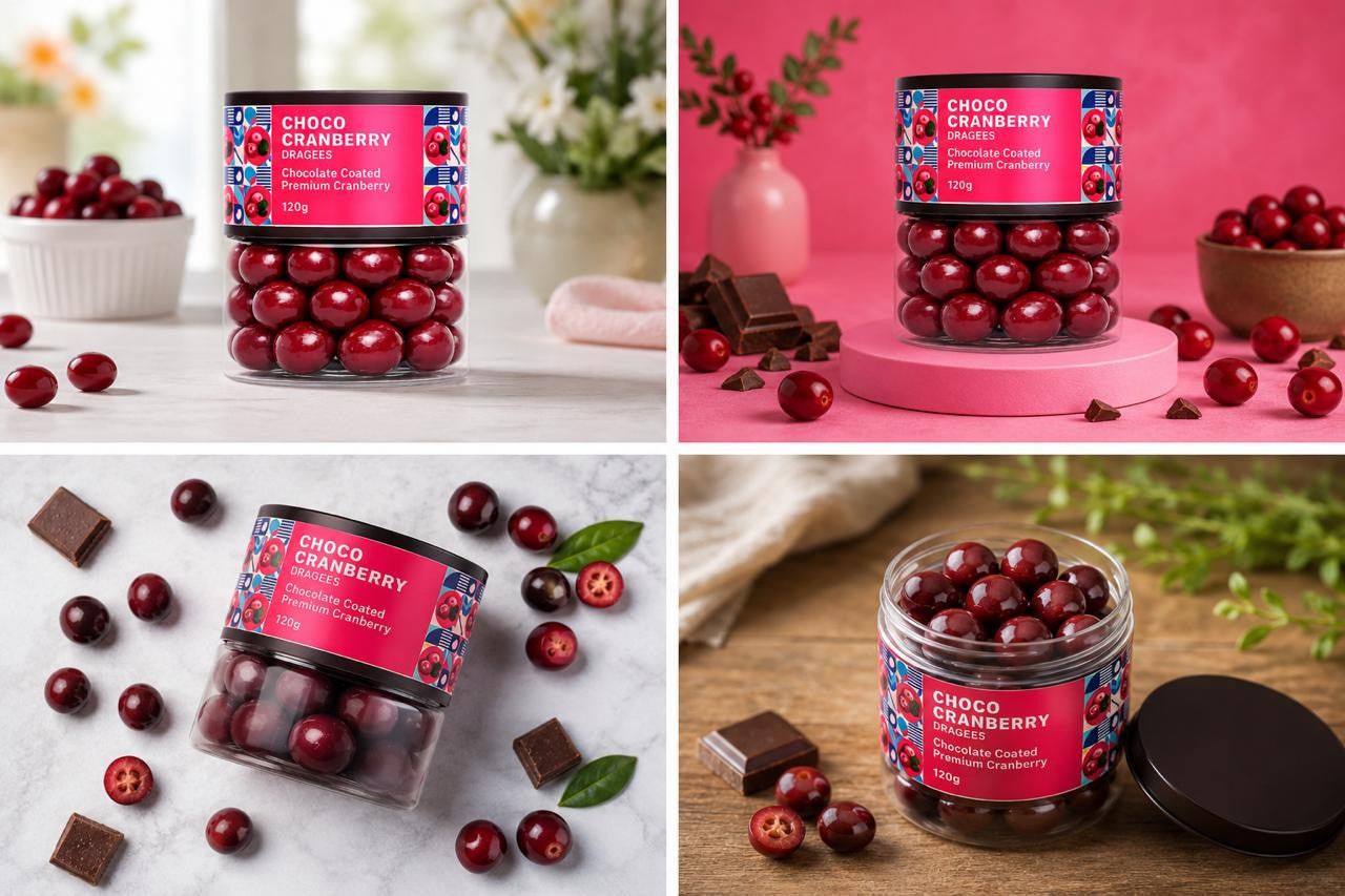 Choco cranberry dragees presented in an elegant bowl, perfect for festive gifting or dessert platters.