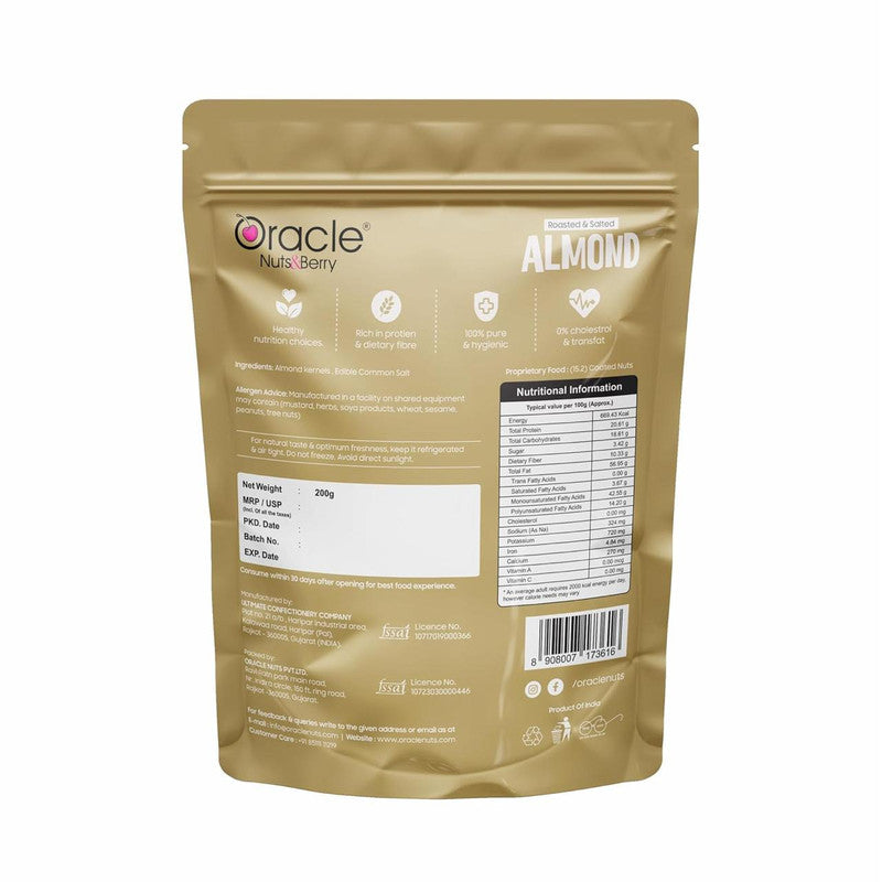 Oracle Roasted & Salted Almond, Crunchy Dry-Roasted Premium Healthy Badam Snack 200g