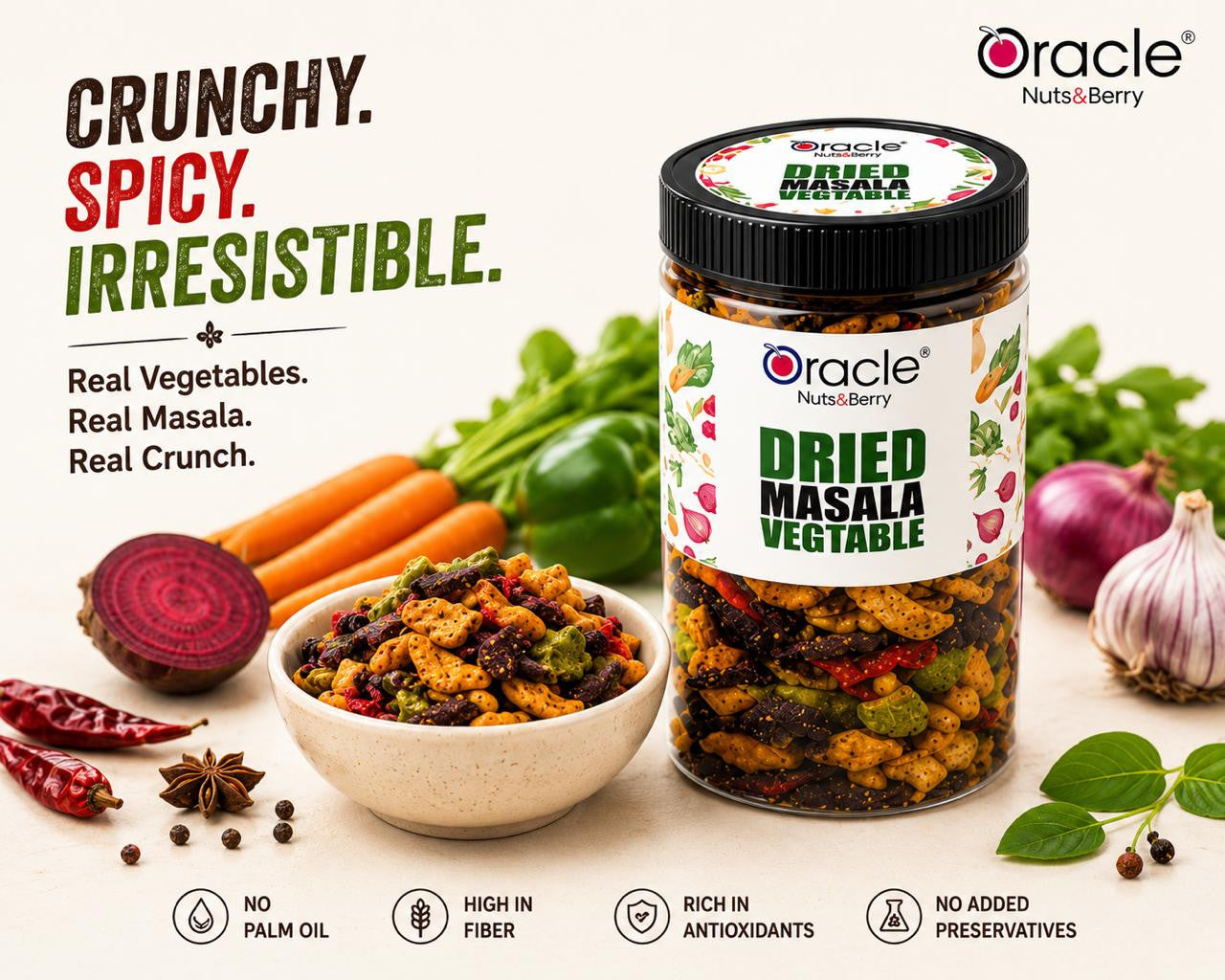 Colorful mix of dried vegetables in Oracle Masala Vegetables snack