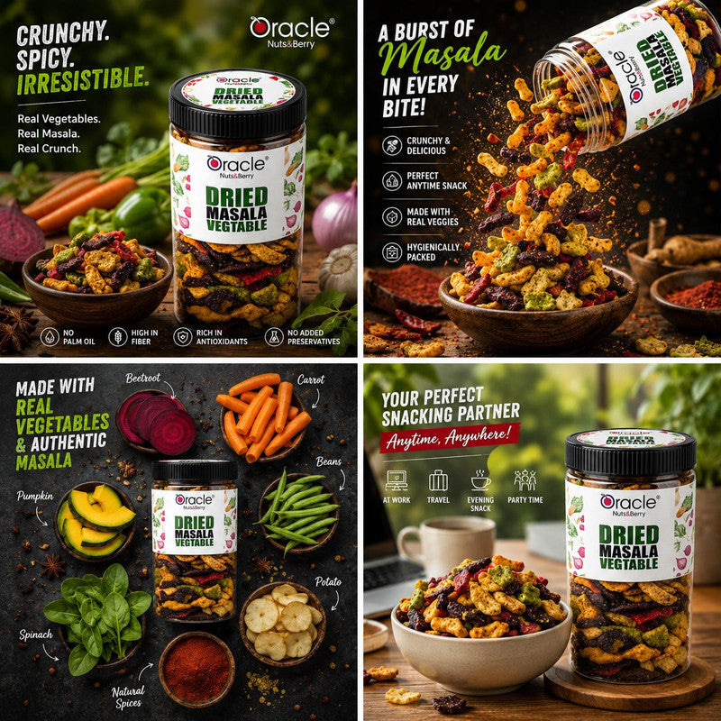 Assorted dried vegetables in vibrant Oracle Masala Vegetables snack
