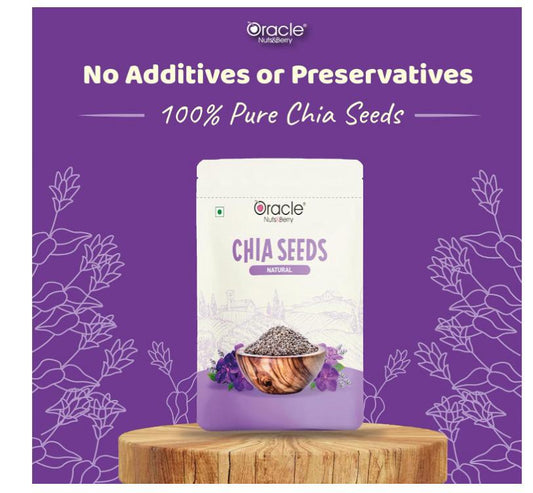 Oracle Premium Chia Seeds 250g pack showing nutritional benefits and brand logo.