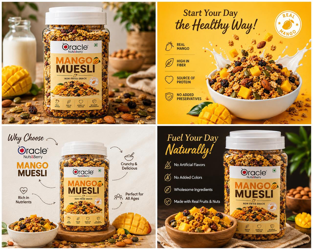 Muesli with dried mango, nuts, and oats served with milk in a bowl