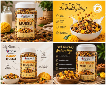 Muesli with dried mango, nuts, and oats served with milk in a bowl