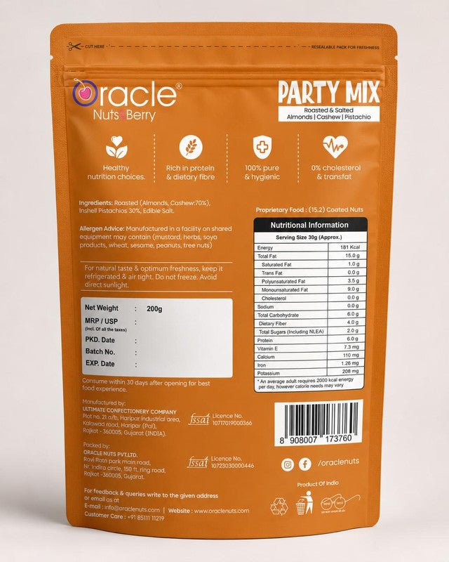 Oracle Party Mix, Roasted & Salted Almond Cashew & Pistachio Premium Nut Blend 200g