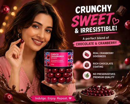 Detailed view of the smooth, rich chocolate coating on the tangy cranberry dragees.