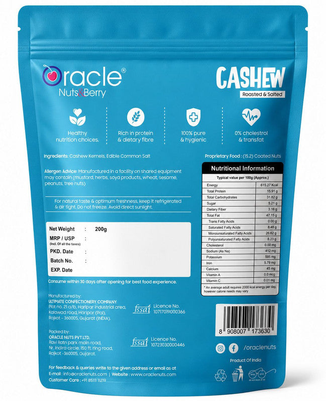 Oracle Roasted & Salted Cashew, Crunchy Premium Whole Kaju Healthy Nut Snack 200g