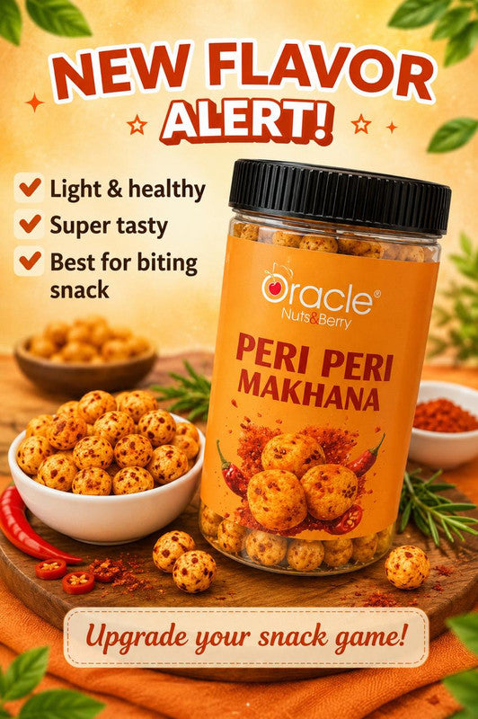 Fox nuts scattered on a surface, showing texture and seasoning of roasted peri peri makhana.