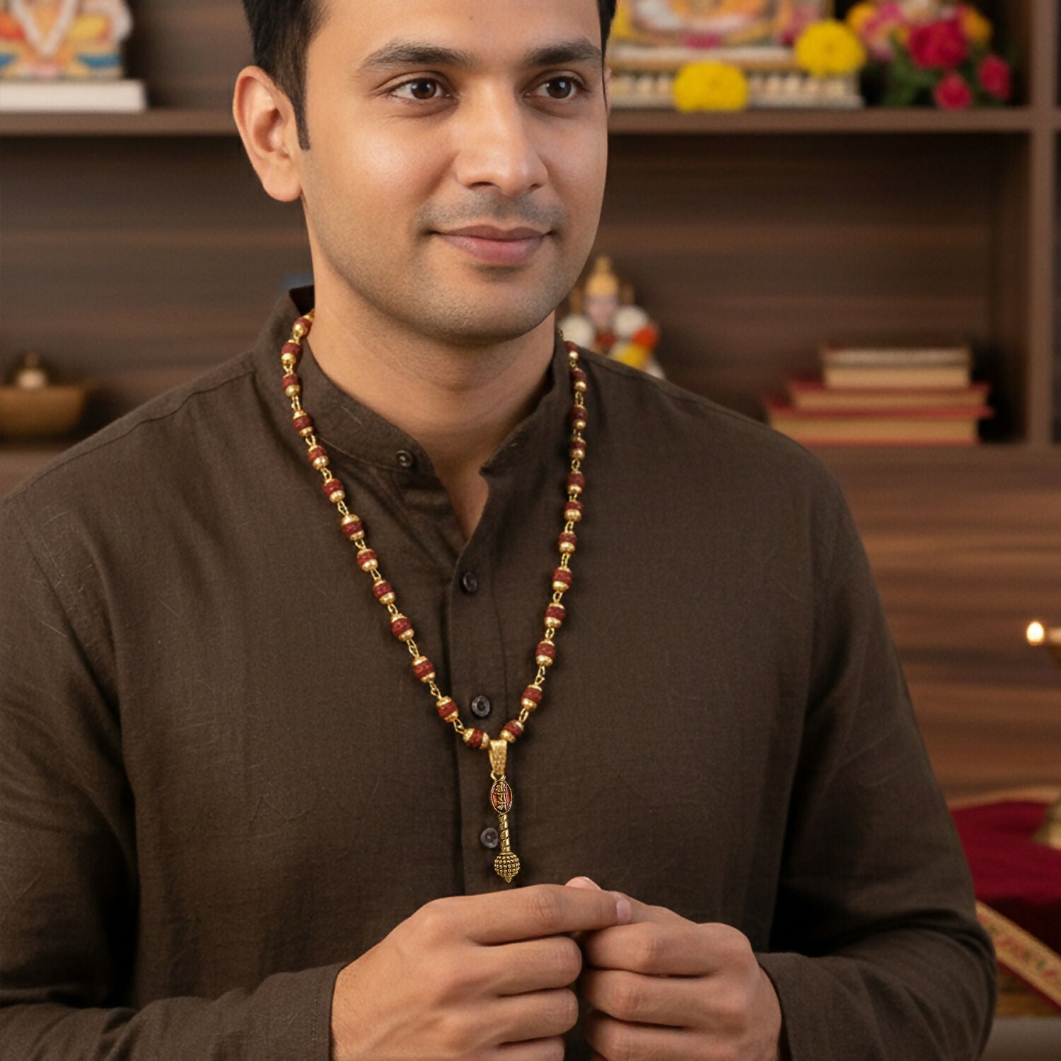 Ram Naam Gada Pendant Gold Plated & Rudraksha Bracelet Combo