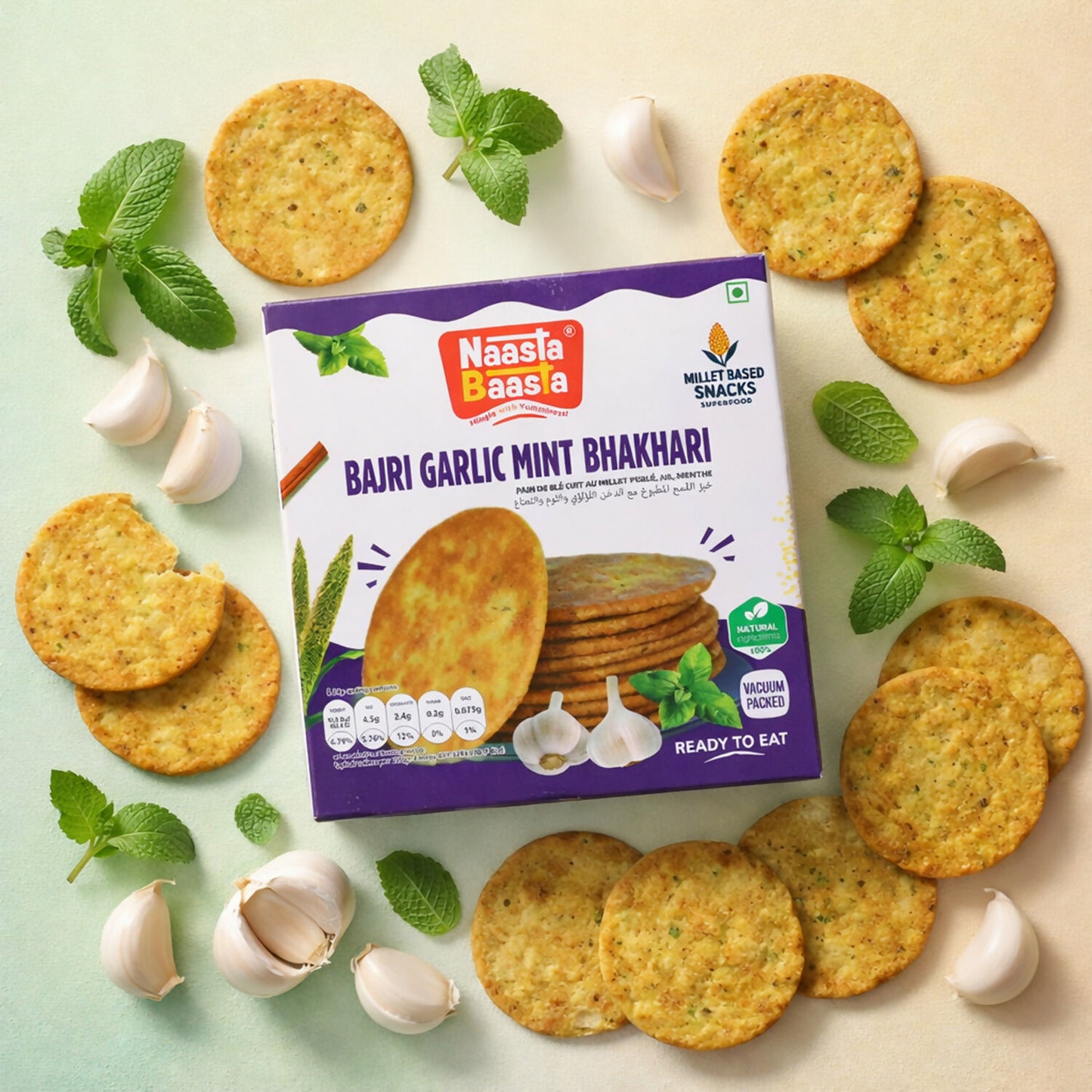 Naasta Baasta Bajri Garlic Mint Bhakhari – Millet Based Crunchy & Ready to Eat Snack (200 Gm)