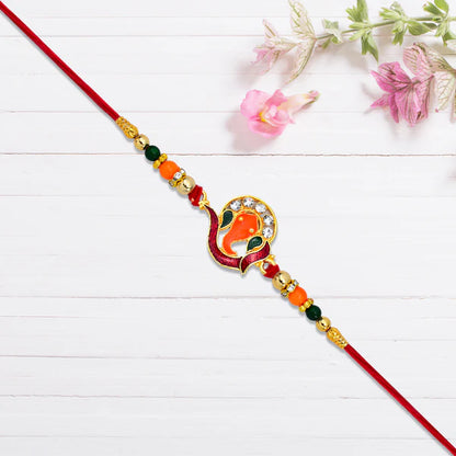 Shop Ganesha Rakhi Golden Finish Red Green Beads Stones