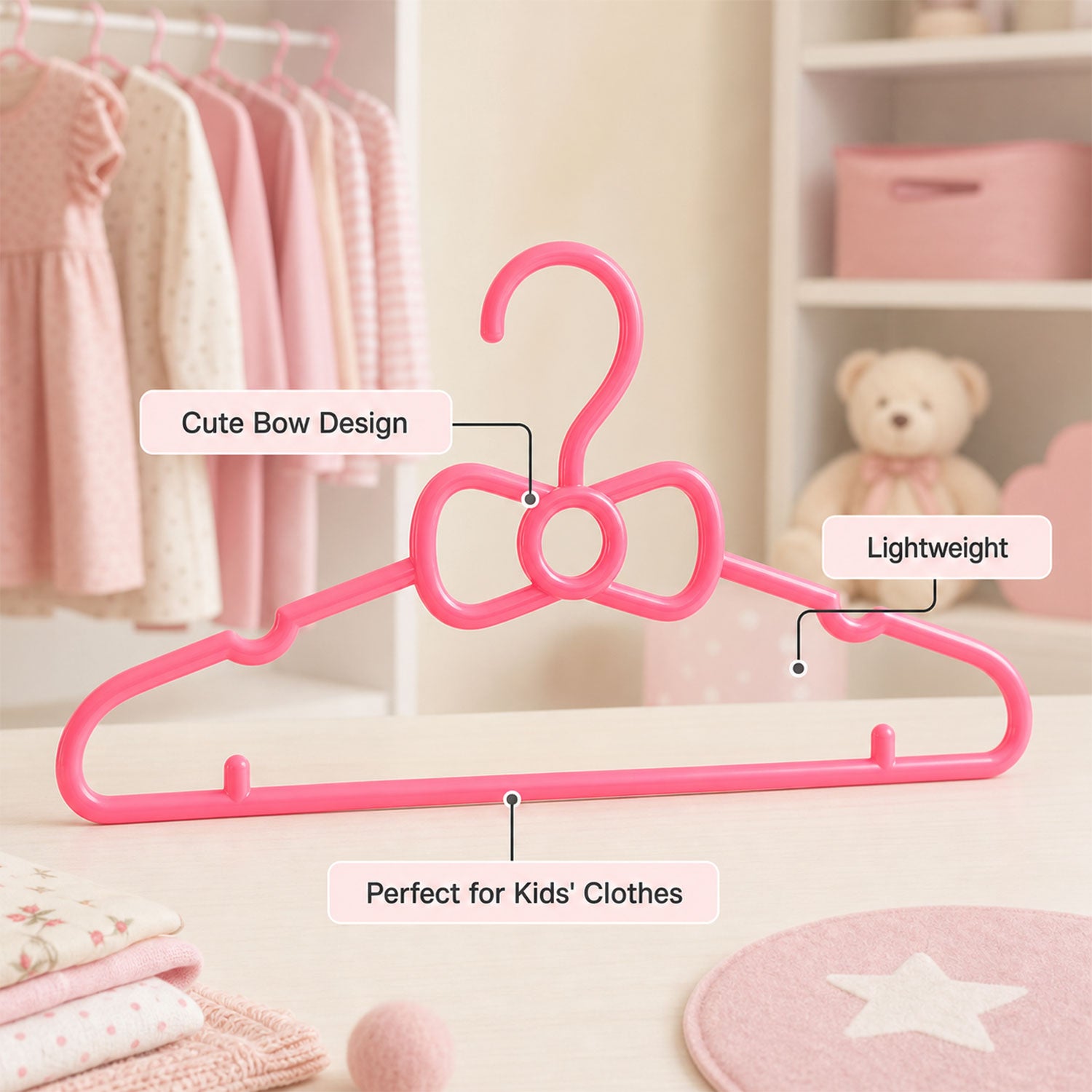 Kids Plastic Clothes Hangers Set of 4 Cute Bow Design Baby Wardrobe (4 Pc Set)
