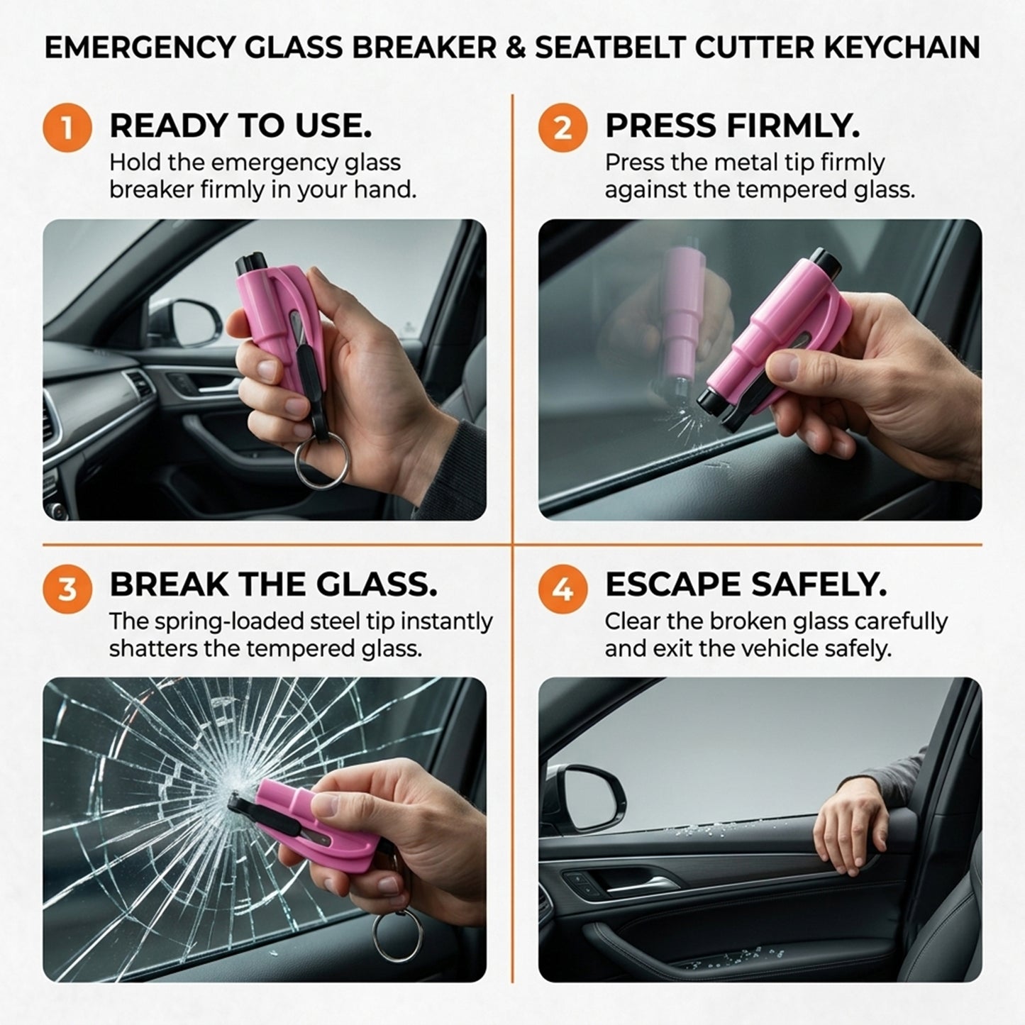 A four-panel infographic shows how to use the pink emergency glass breaker and seatbelt cutter keychain to escape a car.