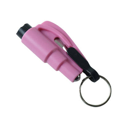 A pink emergency car window breaker and seat belt cutter tool with a black keychain is shown on a white background.