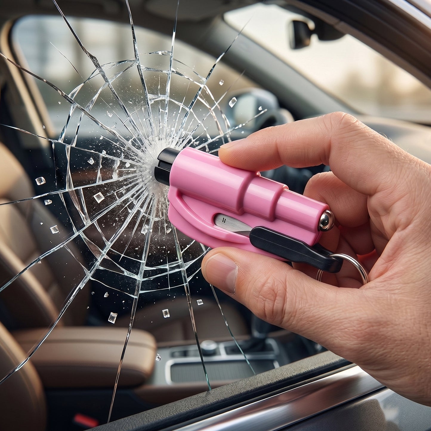 A pink emergency tool with a black tip is held by a hand, shattering a car window, with a smaller image of the tool in the