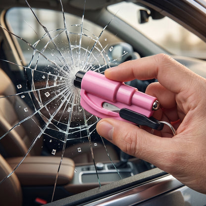 A pink emergency tool with a black tip is held by a hand, shattering a car window, with a smaller image of the tool in the