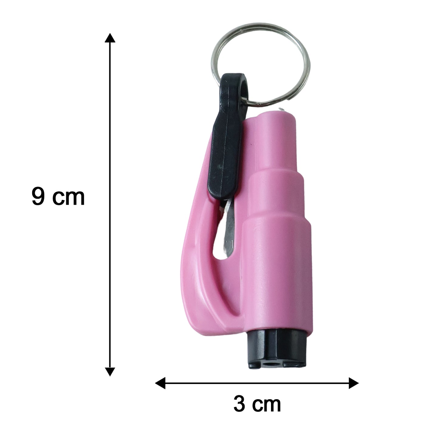 A pink emergency tool with a keychain is displayed on a white background, with arrows indicating its 9 cm length and 3 cm