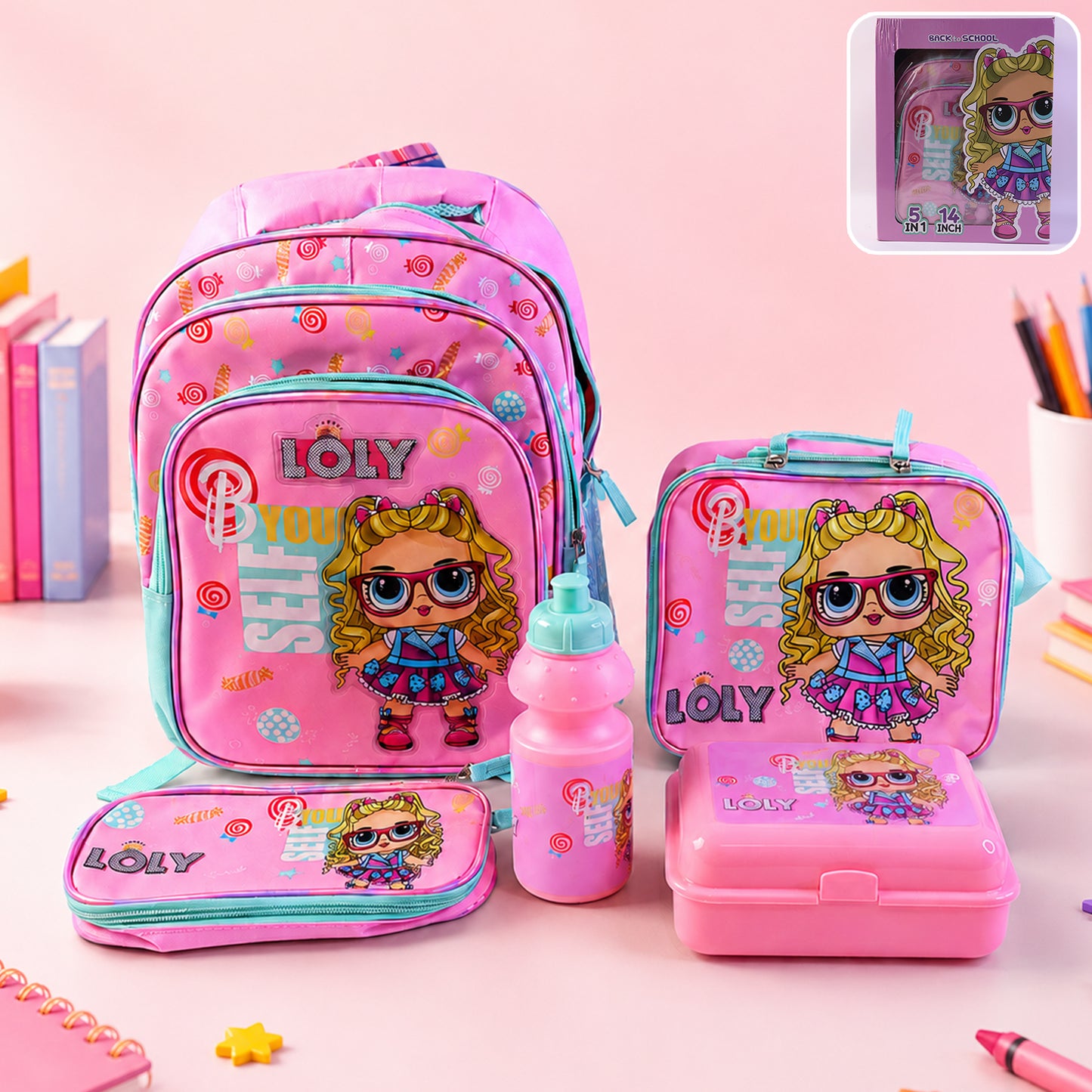 5-in-1 Kids School Bag Set with Pink Print Backpack