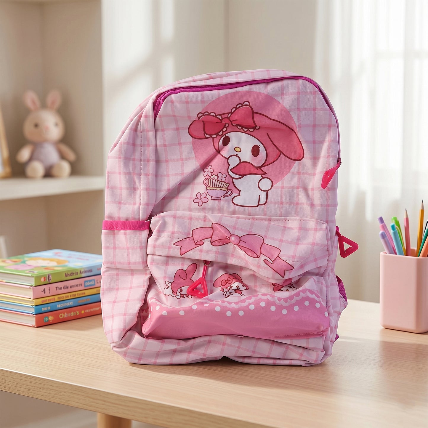Back view of My Melody bunny backpack for preschoolers