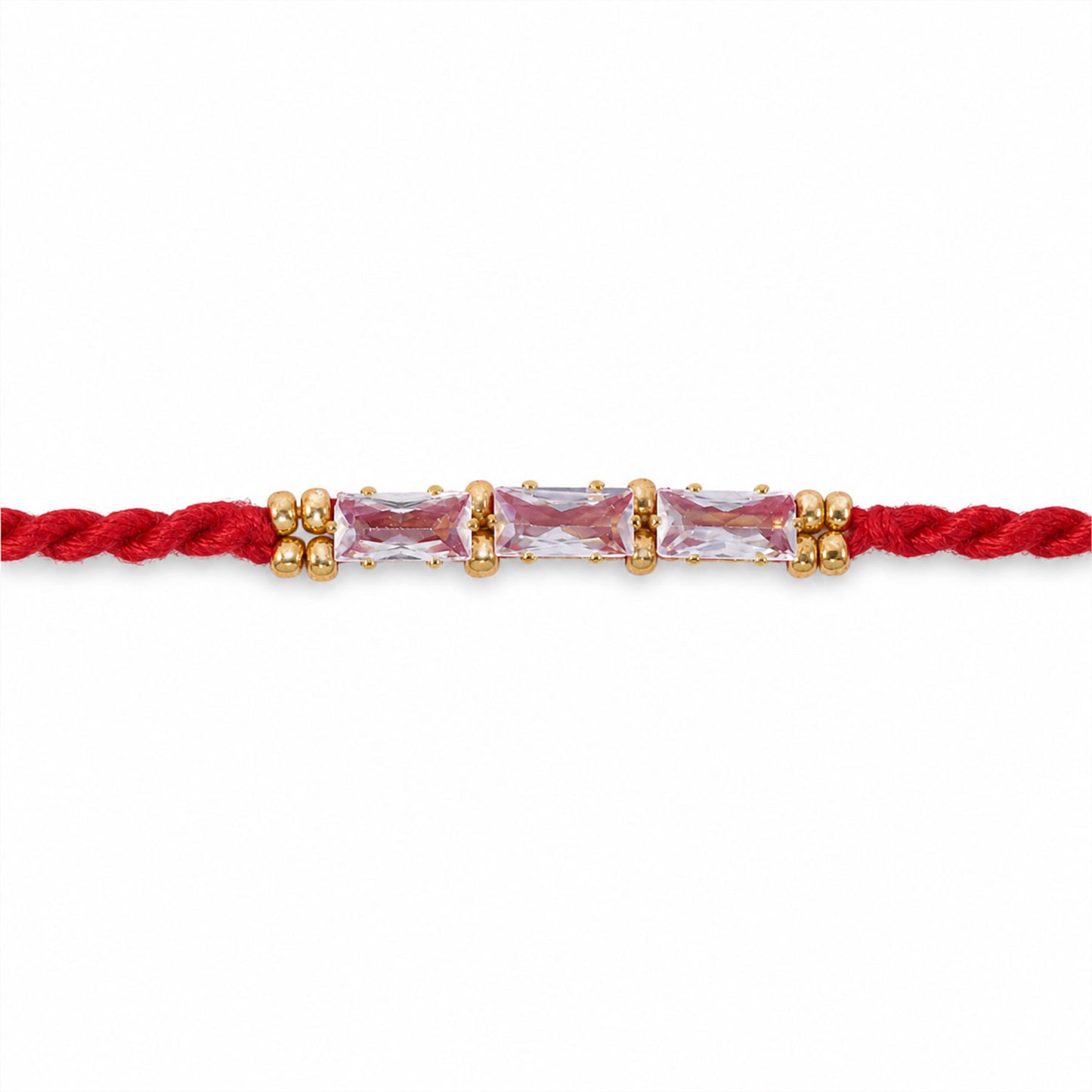 Red Thread Rakhi with a Row of Pink Baguette-Cut Crystal Beads