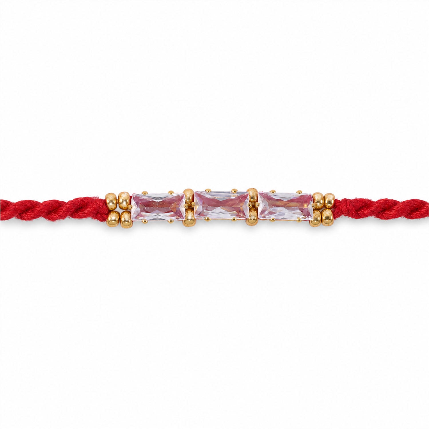 Red Thread Rakhi with a Row of Pink Baguette-Cut Crystal Beads