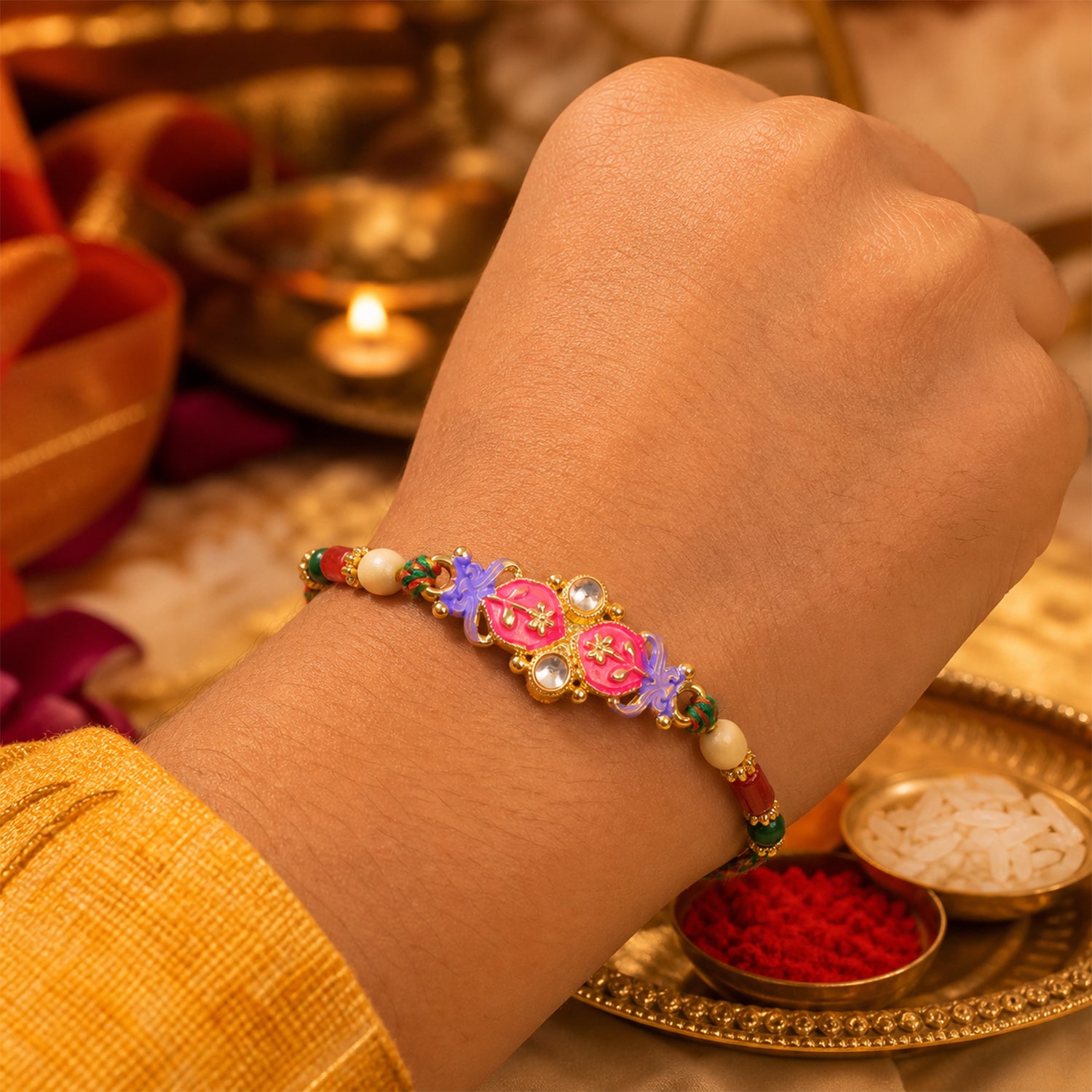 Pink and Purple Flower Kundan Pendant Rakhi with Pastel Beads