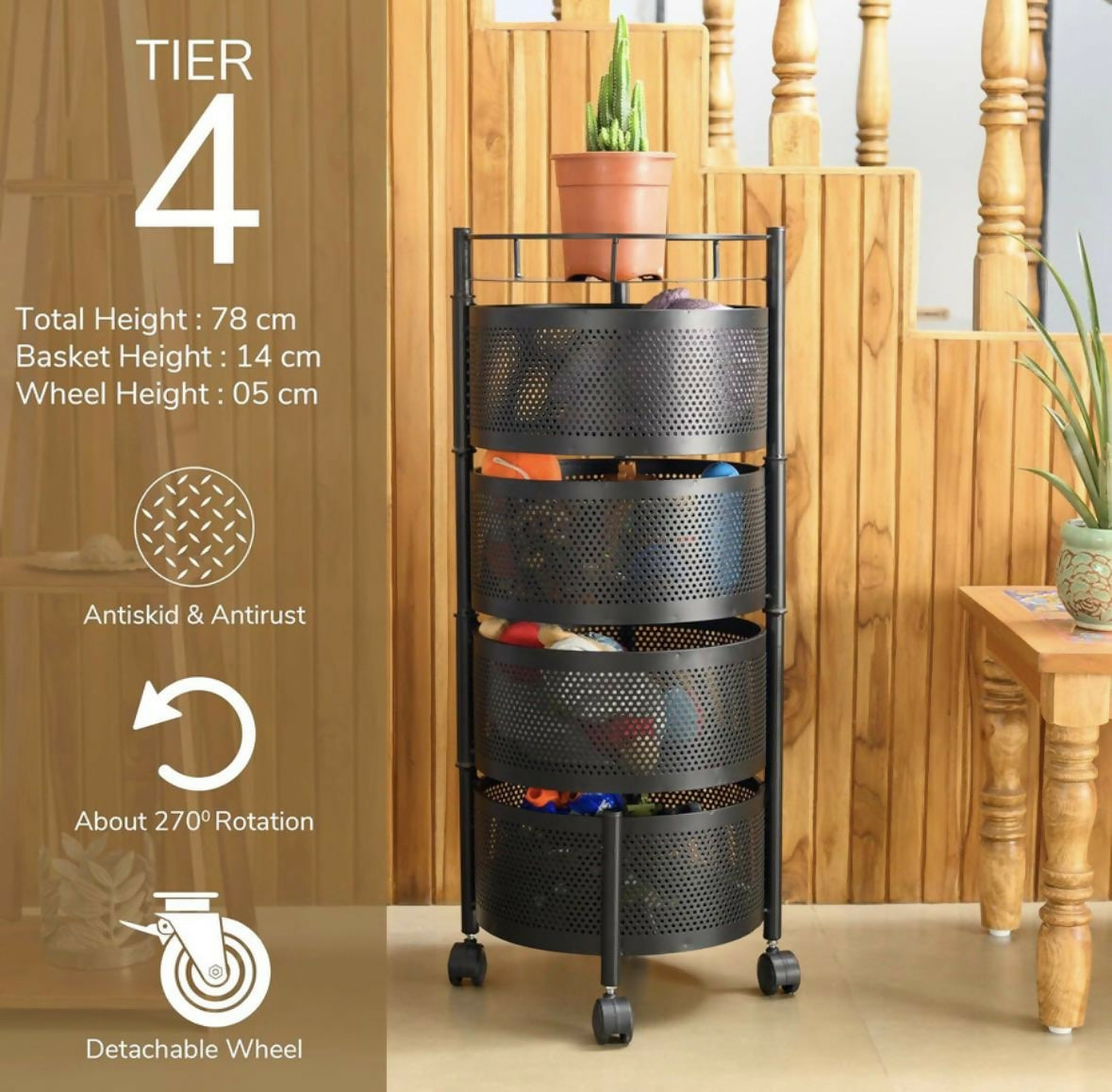 Round 4-Layer Kitchen Trolley with Rust-Resistant Mesh Baskets & 360° Swivel Wheels