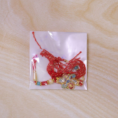 Jewel Floral Rakhi with Red Blue Beads and Bright Traditional Celebration Styling