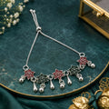 Antique Silver Finish Bracelet featuring Alternating Crimson & Emerald Enamel Star Flowers with Teardrop & Ball Charms