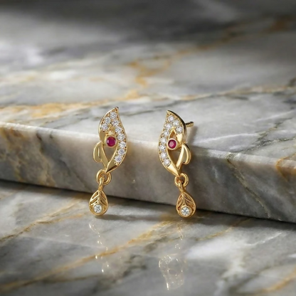 Stylish Leaf Pattern Gold Earrings with Stone Work & Drop Charm