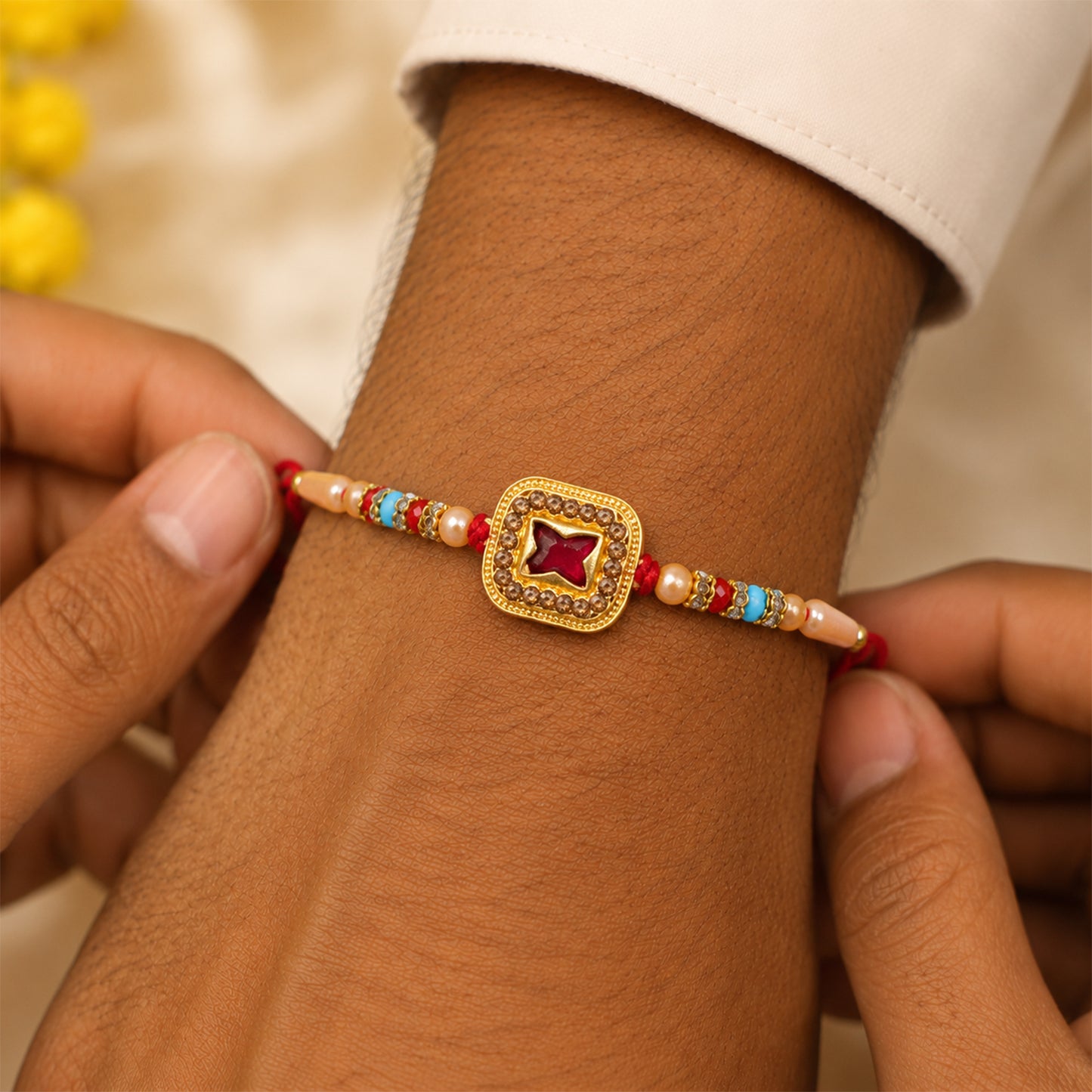 Royal Maroon Cushion Stone Kundan Rakhi for Brother with Pearls & Beads